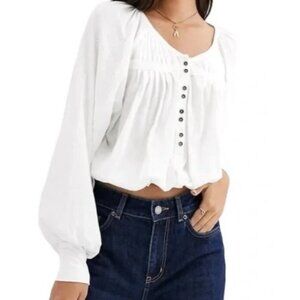 Free People White Balloon Sleeve Semi-Sheer Crop Poet Top Blouse Size Small